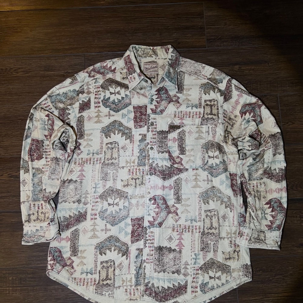 VTG Woolrich Shirt Mens Large Beige Aztec All Over Print Button Down Made In USA